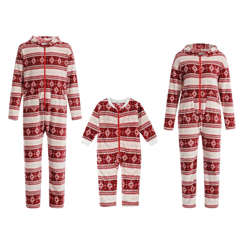 Christmas Family Romper Nightwear, Snowflake Print Long Sleeve O-neck Hooded Long Jumpsuit