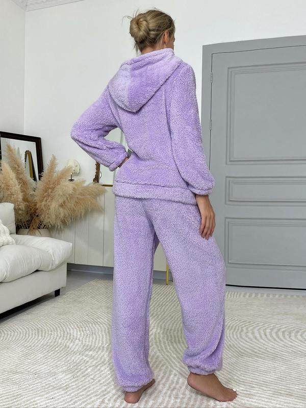 Women's Letter Embroidered Long Sleeve Plush Pajama Set, Casual Comfy Pocket Hooded Top & Pants Set, Women's Sleepwear for Fall & Winter