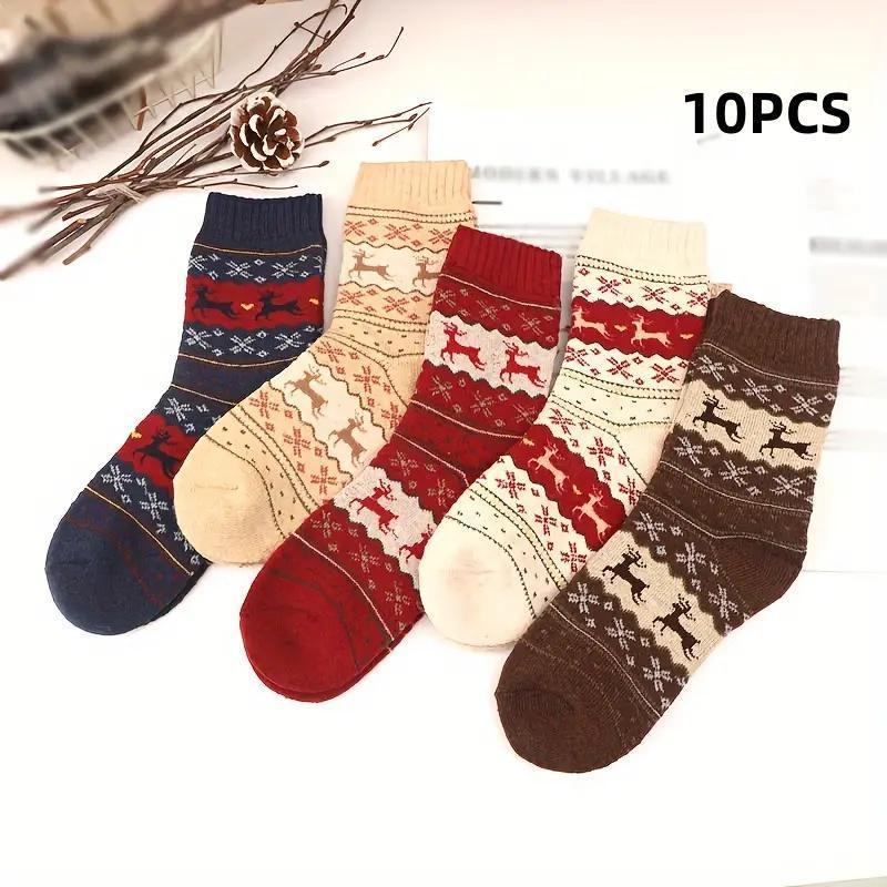 Christmas Reindeer Print Crew-socks, 5 Pairs Casual Soft Comfortable Breathable Stockings for Women, Women's Stockings for Fall & Winter, Festive & Party Supplies