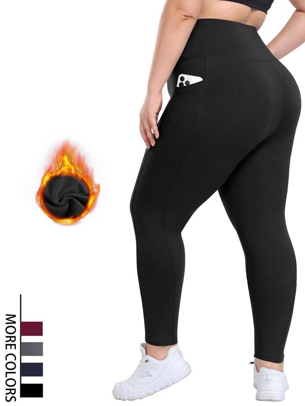 Plus Size Solid High Waist Pocket Leggings, Casual Wide Waistband Comfy Skinny Pants for Women, Women's Bottoms for Fall & Winter