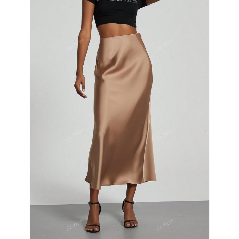 Women's Simple Solid Color Elastic Satin Texture Trumpet Hem Elegant Maxi Skirt