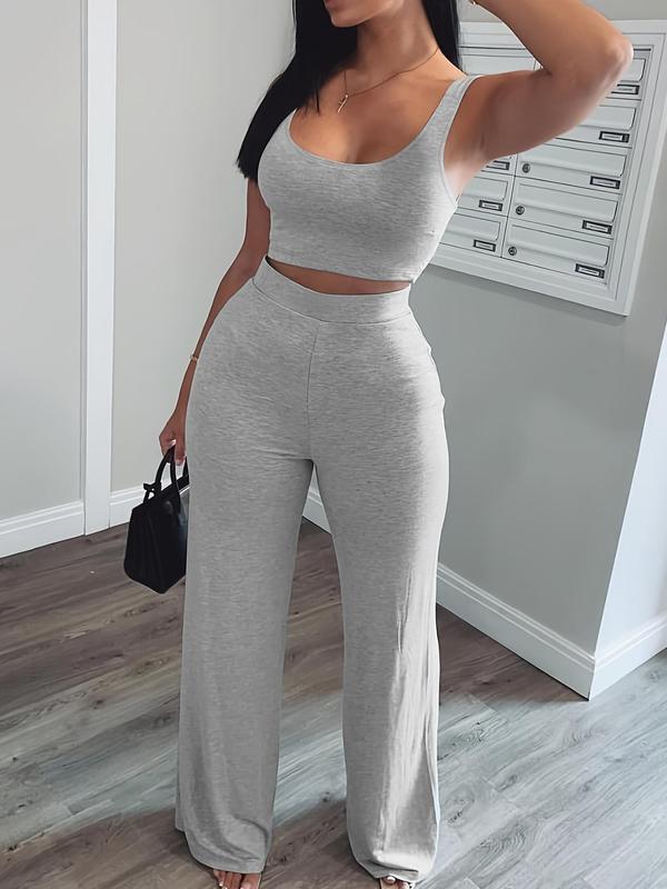 Women's Solid Scoop Neck Crop Tank Top & Elastic Waist Pants, Summer Clothes, Mufti Clothes, Workout Set, Sweatsuits for Women, Back To School Outfits, Apple Shape Outfits, Fall Outfits Clothes Set, Please Purchase A Size Up