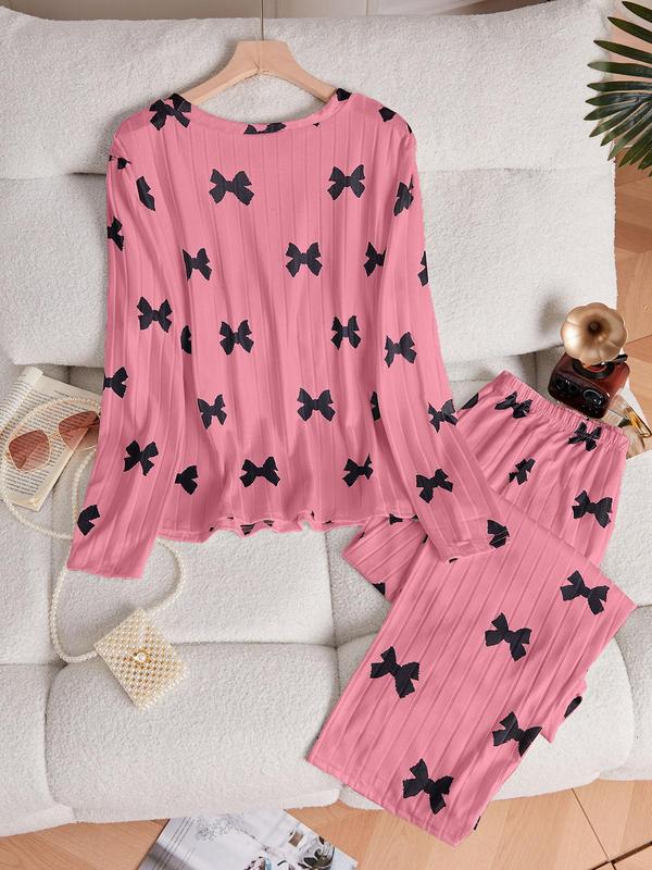  Women's All Over Bow Print Drop Shoulder Lounge Top & Pants Two-piece Set, Casual Comfy Long Sleeve Top & Trousers PJ Set, Ladies Sleepwear for Spring & Fall