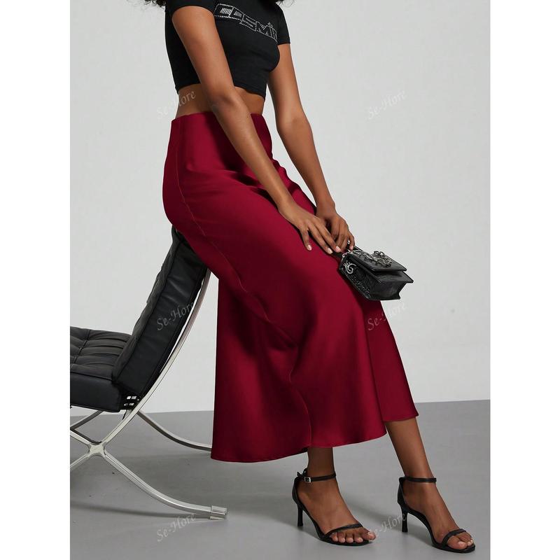 Women's Simple Solid Color Elastic Satin Texture Trumpet Hem Elegant Maxi Skirt