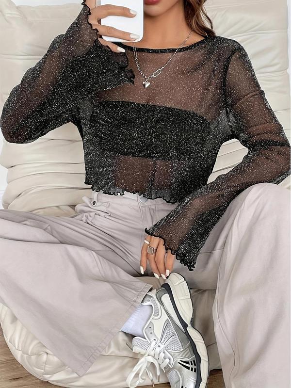 Women's Glitter Sequins Lettuce Trim Sheer Mesh Crop Tee without Tube Top, Casual Round Neck Flounce Sleeve T-shirt for Summer, Women's Top for Club Party Daily Wear