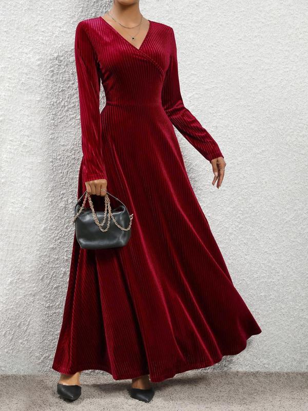 Women's Elegant Solid Wrap V Neck Velvet Dress, Long Sleeve A Line Dress for Party Evening Wedding Guest, Dresses for Women, Ladies Spring & Fall Clothes