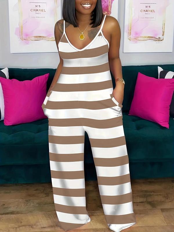 Women's Striped Print Pocket Cami Jumpsuit, Casual Spaghetti Strap Wide Leg Jumpsuit, Back To School Outfits, Jumpsuit for Women, Fashion Ladies Fall Clothes for Daily Wear