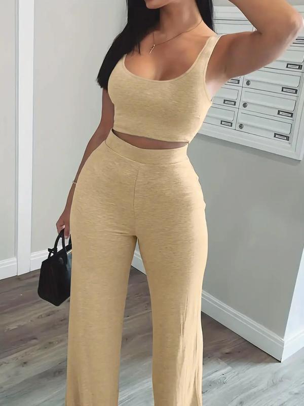 Women's Solid Scoop Neck Crop Tank Top & Elastic Waist Pants, Summer Clothes, Mufti Clothes, Workout Set, Sweatsuits for Women, Back To School Outfits, Apple Shape Outfits, Fall Outfits Clothes Set, Please Purchase A Size Up