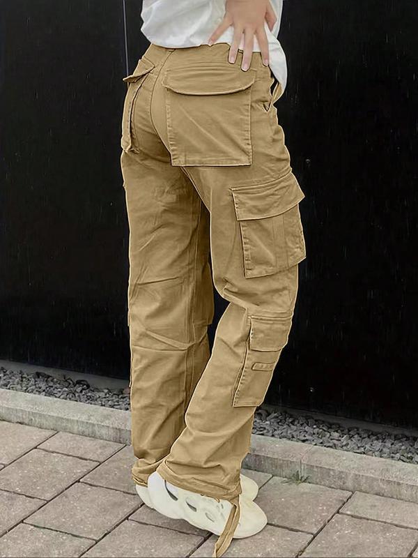 Women's Plain Button Pocket Cargo Pants, Casual Street Drawstring Trousers for Daily Wear, Ladies Bottoms for All Seasons