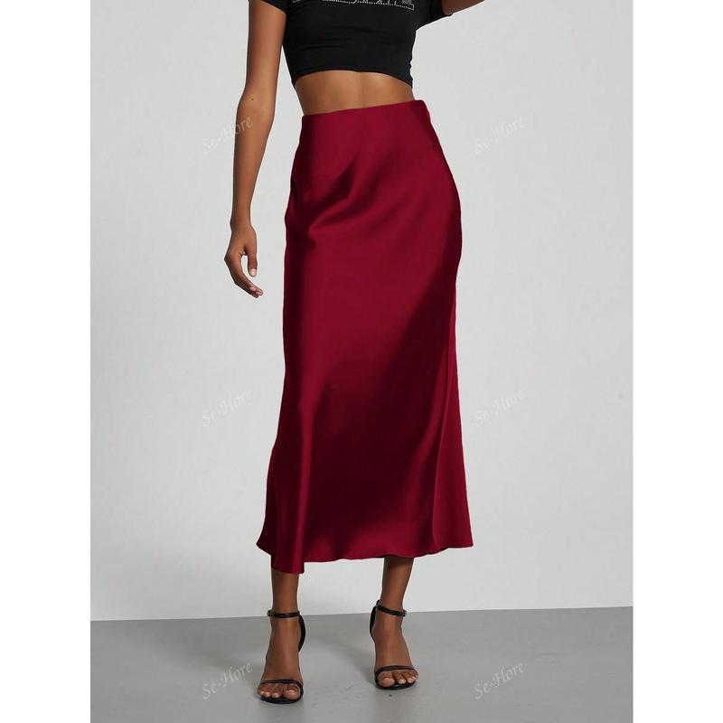 Women's Simple Solid Color Elastic Satin Texture Trumpet Hem Elegant Maxi Skirt