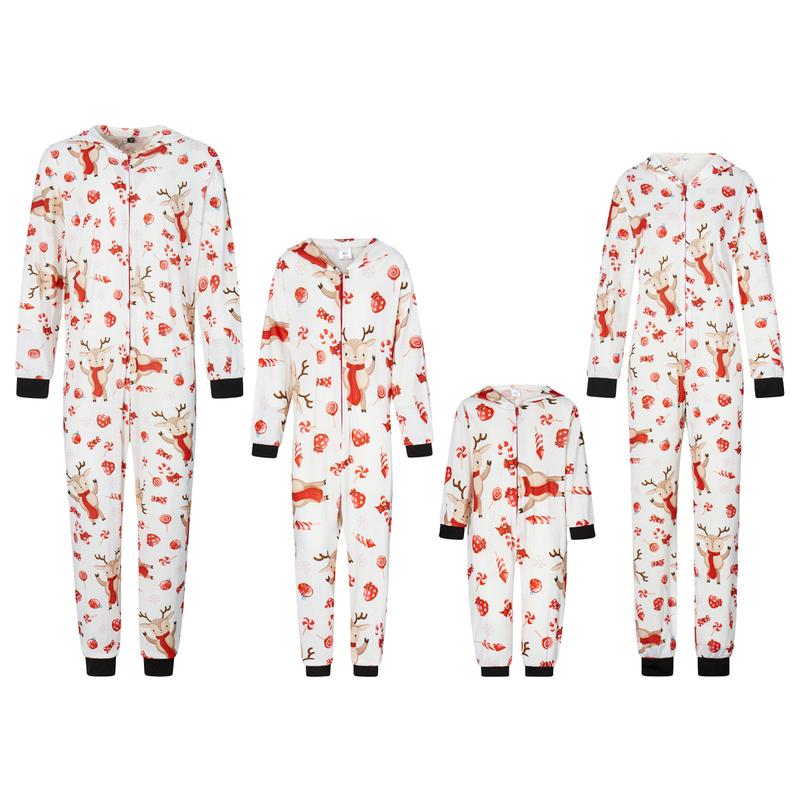 Family Matching Clothes Christmas Sleepwear, Cartoon Elk Snowman Print Long-Sleeve Zipper Hood  Jumpsuit