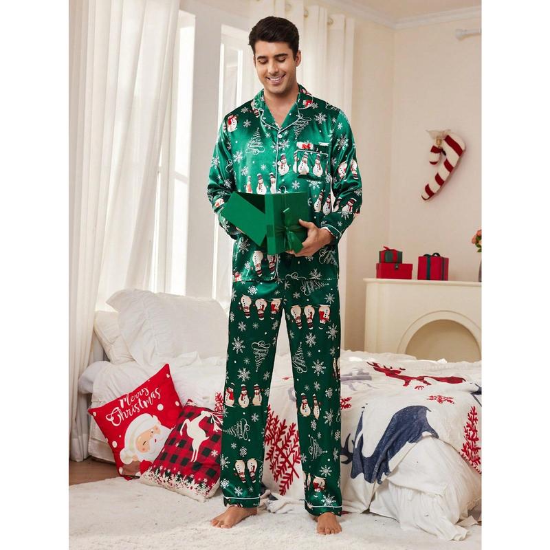 Manfinity Shein CoupledUp Christmas Elements Pattern Santa Snowman Faux Silk Men Pajamas Set Couple happy christmas matching christmas pajamas Wife family christmas pajamas Christmas Wife Long Sleeve Pants Long Sleeve Pants