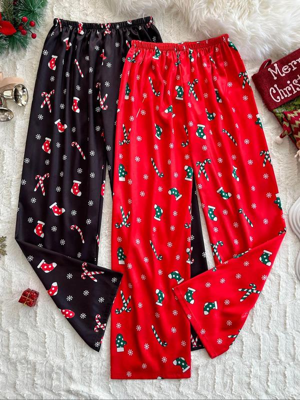 Women's Christmas Print Satin Pajama Pants, Casual Comfy Lounge Trousers for Fall & Winter, Women's Sleepwear for Indoor Wear