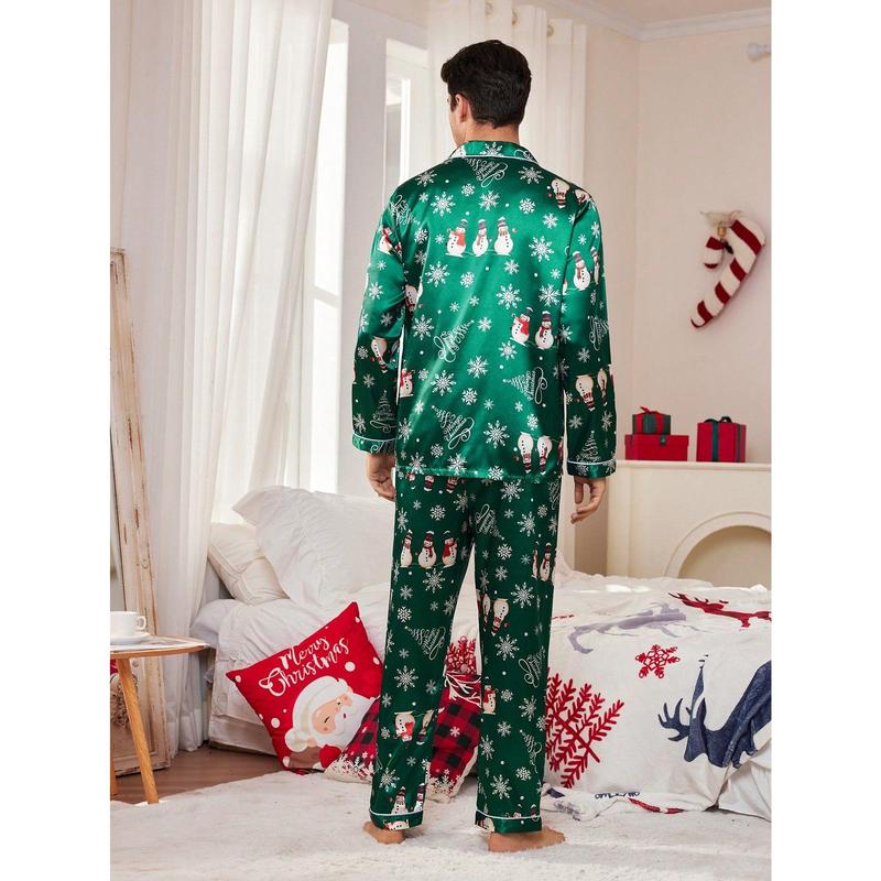 Manfinity Shein CoupledUp Christmas Elements Pattern Santa Snowman Faux Silk Men Pajamas Set Couple happy christmas matching christmas pajamas Wife family christmas pajamas Christmas Wife Long Sleeve Pants Long Sleeve Pants