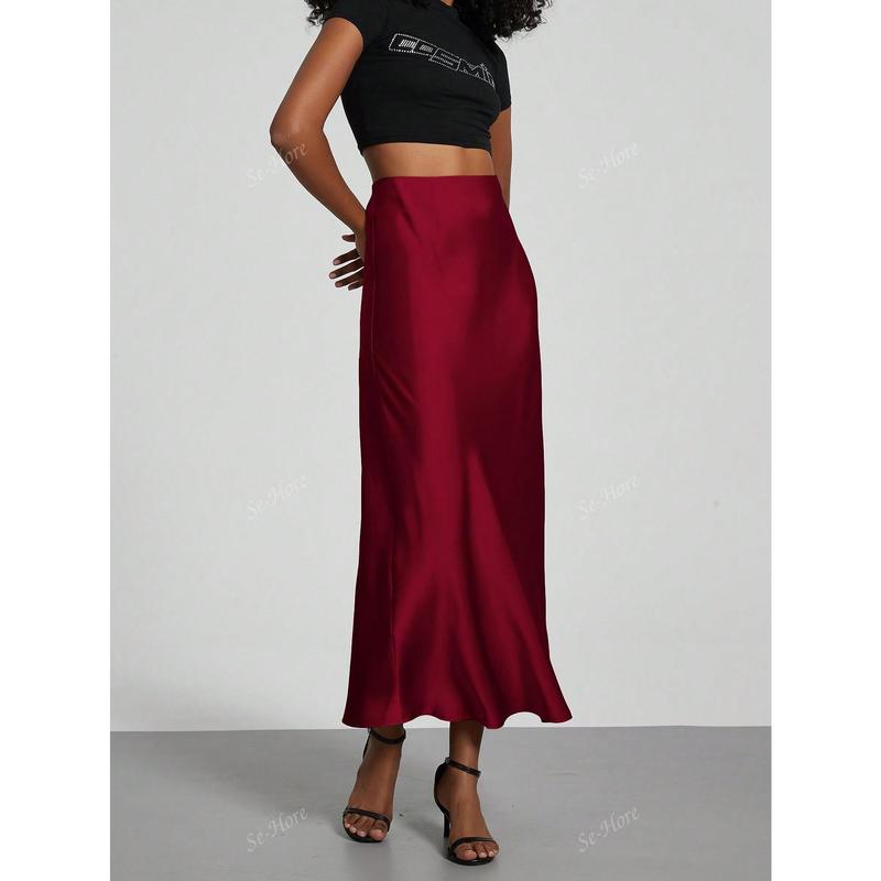 Women's Simple Solid Color Elastic Satin Texture Trumpet Hem Elegant Maxi Skirt