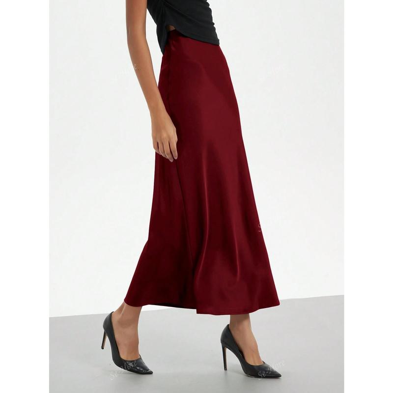 Women's Simple Solid Color Elastic Satin Texture Trumpet Hem Elegant Maxi Skirt