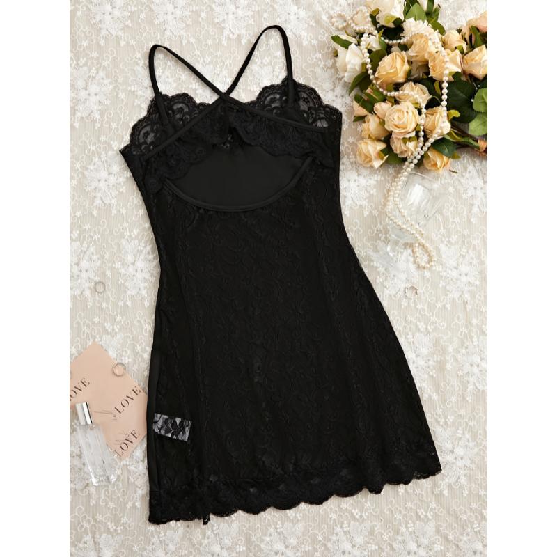 Sexy Solid Contrast Lace Nightgown, V Neck Hollow Out Slip Dress, Women's Sleepwear