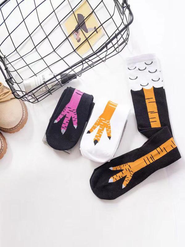 Women's 3 Pairs Cartoon Chicken Feet Print Over The Knee Socks, Cute Funny Comfy Breathable Socks for Daily Wear, Ladies Socks for All Seasons