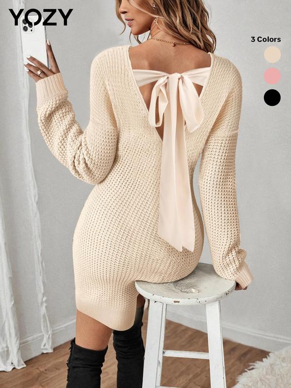 YOZY Women's Plain Tie Back Drop Shoulder Sweater Dress, Elegant Long Sleeve V Neck Short Dress for Fall & Winter, Women's Knitwear for Daily Wear