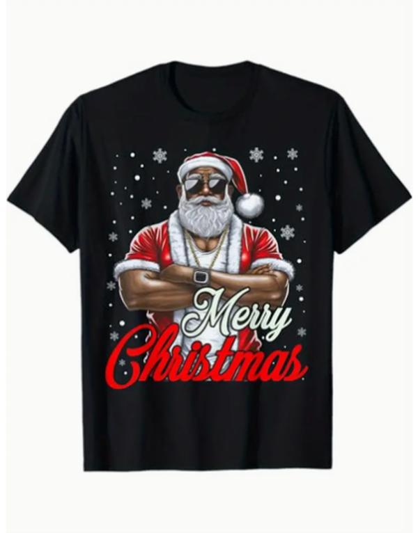 African American Santa Christmas Pajama Cool Black X-Mas Themed T-Shirt. Suitable as a Christmas gift for family and friends. 100% cotton black T-shirt