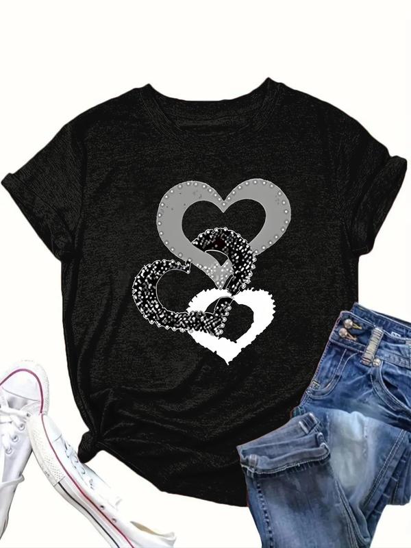  Heart Print Round Neck Tee, Casual Short Sleeve Crew Neck T-shirt for Daily Wear, Women Clothing for All Seasons