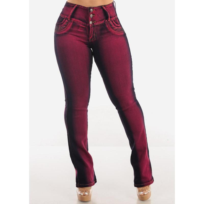 MX JEANS Butt Lift Mid Rise Bootcut Jeans Acid Wash Red