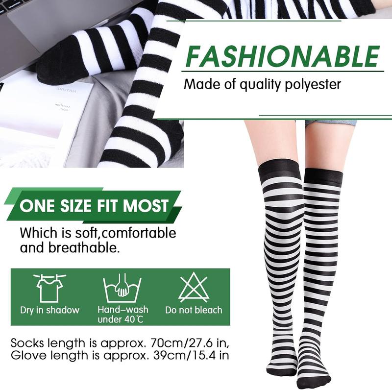 6 Pairs Women's Striped Knee High Socks Striped Thigh High Socks Arm Warmer Fingerless Gloves for  Party