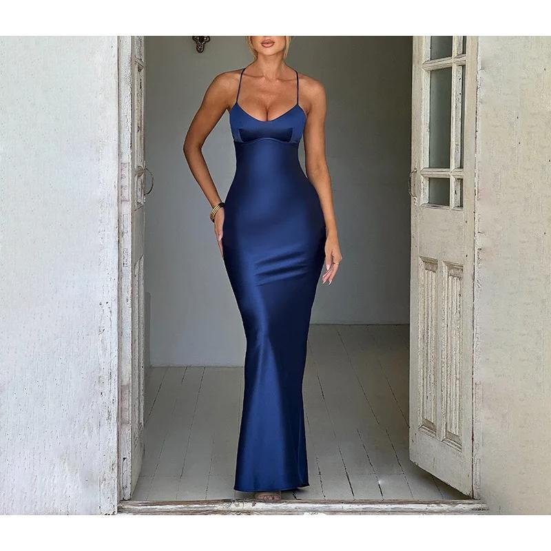 Sexy Satin Backless Lace Up Mermaid Slip Dress Women Sweetheart Neck Sexy Slim Bodycon Dresses Elegant Silk Gown Partywear