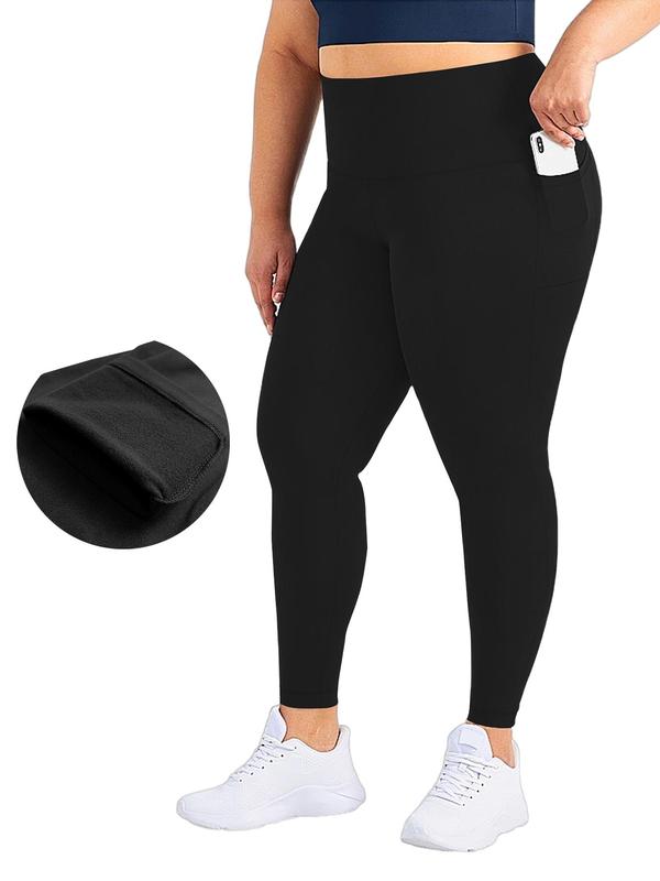 Plus Size Solid High Waist Pocket Leggings, Casual Wide Waistband Comfy Skinny Pants for Women, Women's Bottoms for Fall & Winter