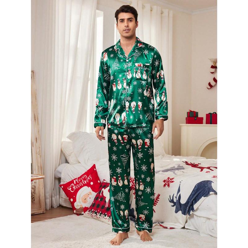 Manfinity Shein CoupledUp Christmas Elements Pattern Santa Snowman Faux Silk Men Pajamas Set Couple happy christmas matching christmas pajamas Wife family christmas pajamas Christmas Wife Long Sleeve Pants Long Sleeve Pants