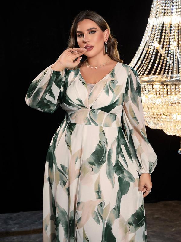 Plus Size Floral Print Contrast Mesh Split Thigh Bishop Sleeve A Line Dress, Elegant Zipper Back V Neck Long Sleeve High Waist Maxi Dress for Party Wedding Guest, Women's Clothes for All Seasons