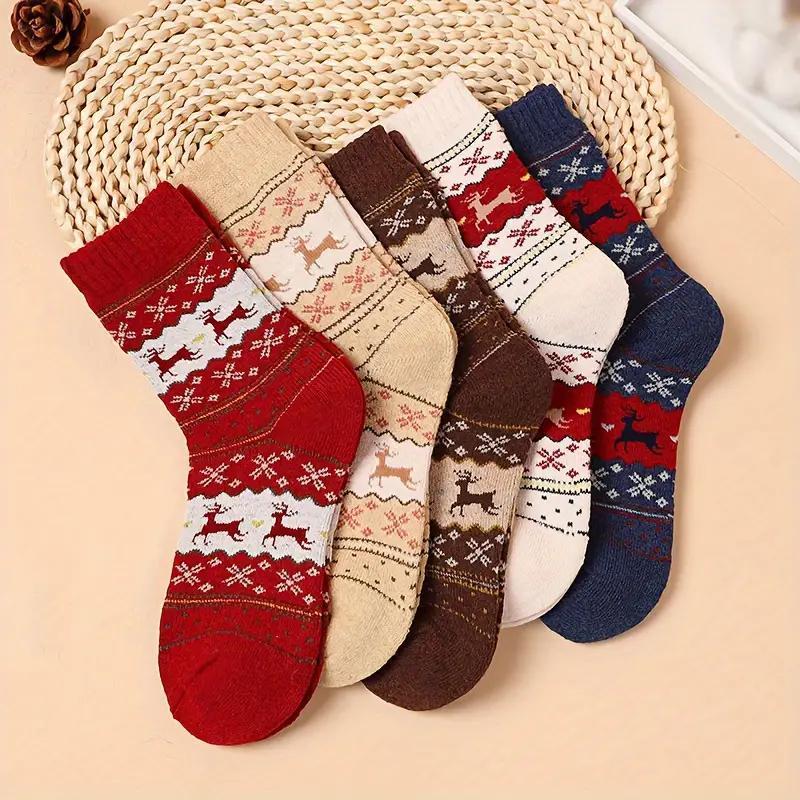 Christmas Reindeer Print Crew-socks, 5 Pairs Casual Soft Comfortable Breathable Stockings for Women, Women's Stockings for Fall & Winter, Festive & Party Supplies