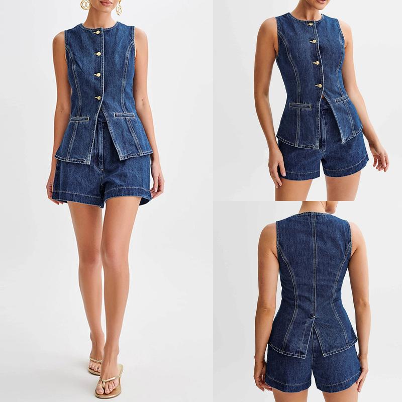 Women's Denim Long Vest Tops Button-up Back Slit Sleeveless Pocket Round Neck Waistcoat