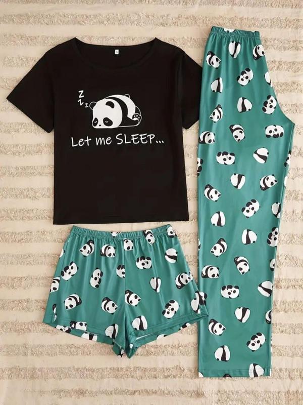 Three-piece Set Women's Cartoon Panda Print Tee & Elastic Waist Shorts & Pants Pyjama Set, Casual Comfy Round Neck Short Sleeve T-shirt & Shorts & Trousers Pj Set, Ladies Sleepwear for All Seasons