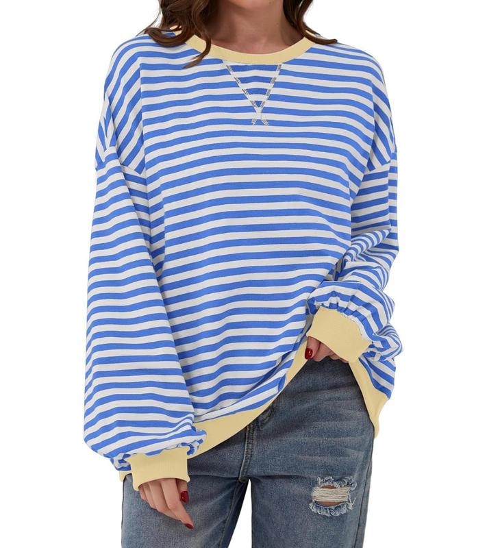 Women Striped Oversized Sweatshirt Color Block Crew Neck Long Sleeve Shirt Casual  Pullover Top Fall Y2K Clothes Cotton Crewneck free  people strie