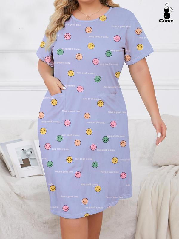 Plus Size All Over Print Pocket Round Neck Nightdress, Casual Soft Comfortable Short Sleeve Nightgown For Women, Women's Sleepwear For All Seasons