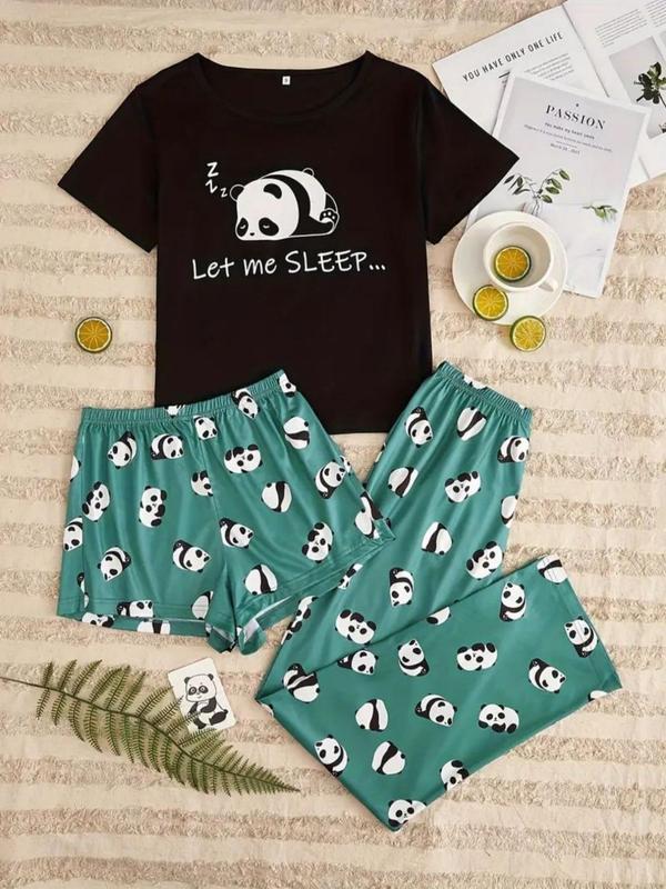 Three-piece Set Women's Cartoon Panda Print Tee & Elastic Waist Shorts & Pants Pyjama Set, Casual Comfy Round Neck Short Sleeve T-shirt & Shorts & Trousers Pj Set, Ladies Sleepwear for All Seasons