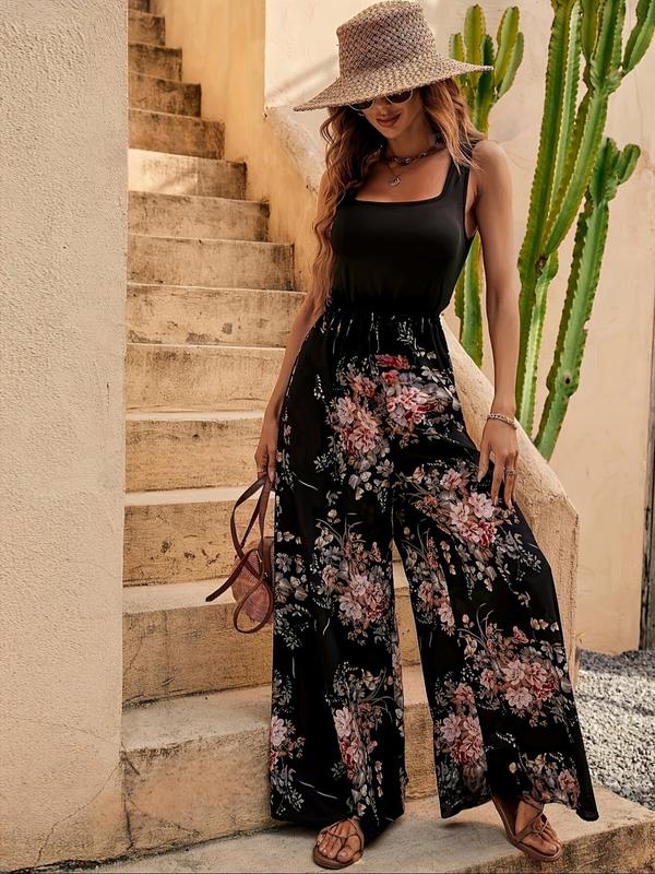 Women's Floral Patchwork Print Square Neck Tank Jumpsuit, Casual Sleeveless Wide Leg Jumpsuit for Summer, Women's Clothing for Daily Wear