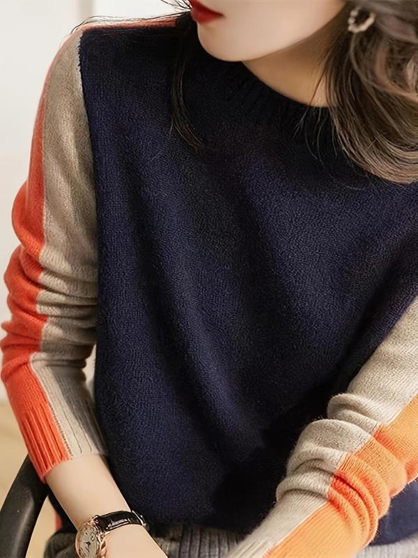 Women's Colorblock Print Round Neck Sweater, Casual Long Sleeve Crew Neck Jumper for Daily Outdoor Wear, Women Knitwear for Fall & Winter, Fall Outfits, Fallfreshness