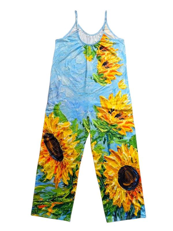 Women's Sunflower Print Pocket Backless Cami Jumpsuit, Boho Casual Comfort Adjustable Spaghetti Strap Sleeveless Jumpsuit for Beach Vacation, Bohemian Lady One-Piece Outfits, Summer Outfits 2024