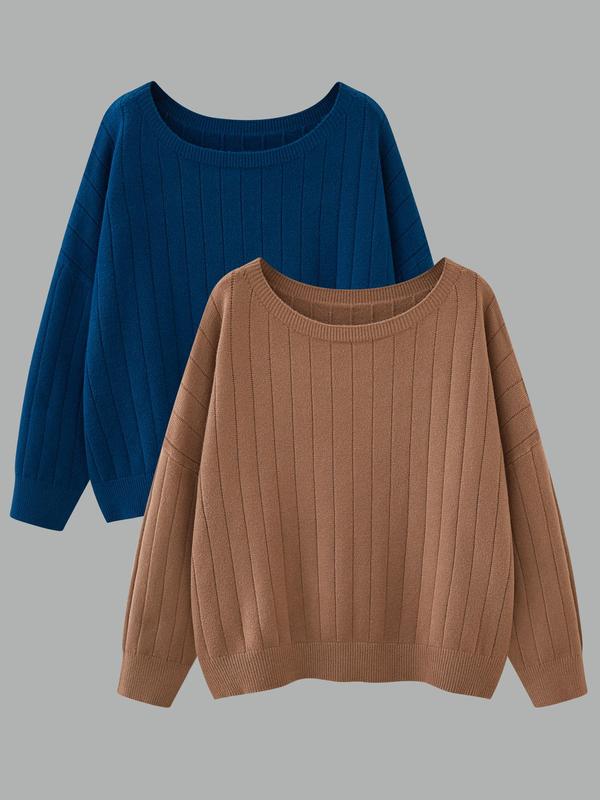  Solid Drop Shoulder Sweater, Casual Long Sleeve Scoop Neck Jumper for Spring & Fall, Women's Clothing for Daily Wear