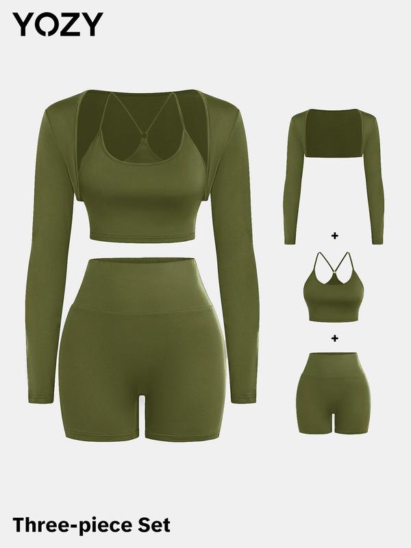 YOZY [6 colors, size 0 2-14] Long Sleeve Crop Outwear & Ring Linked Cami Top & High Waist Stretchy Shorts Set, Back To School Outfits, 2024 Women's Outfits for Daily, Yoga, Gym, Workout, [XS-XXL]