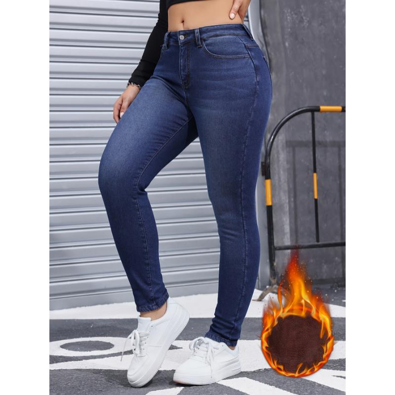 Winter Chic Plush Lined Skinny Fit Denim Jeans - Women's Stretchy Zipper Button Closure Blue Casual Style Pants with Comfortable Fabric and Flattering Fit - Perfect for Cold Weather Womenswear Bottom