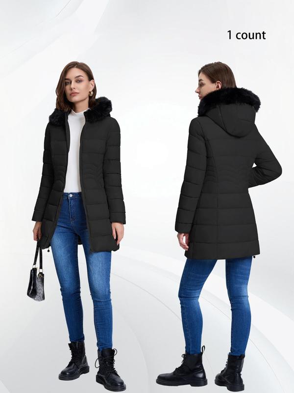 Women's Solid Color Contrast Faux Fur Hooded Quilted Jacket, Casual Long Sleeve Zip Up Outerwear for Fall & Winter, Ladies Clothes for Daily Wear