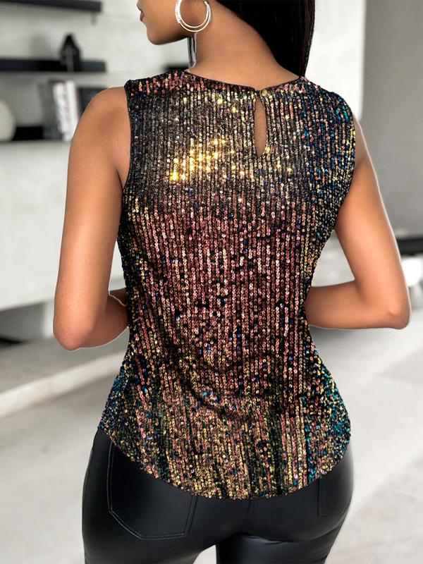 Women's Glitter Sequins Round Neck Tank Top, Fashion Casual Sleeveless Top for Daily Outdoor Wear, Ladies Clothes for All Seasons