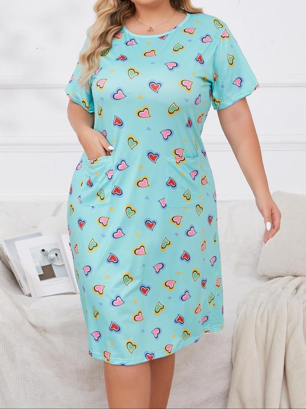 Plus Size All Over Print Pocket Round Neck Nightdress, Casual Soft Comfortable Short Sleeve Nightgown For Women, Women's Sleepwear For All Seasons