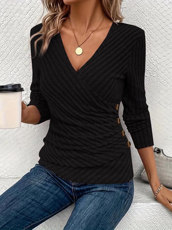 Women's Plain Ruched Wrap Side Button  Ribbed Tee, Elegant V Neck Long Sleeve T-shirt for Daily Wear, Ladies Clothes for All Seasons