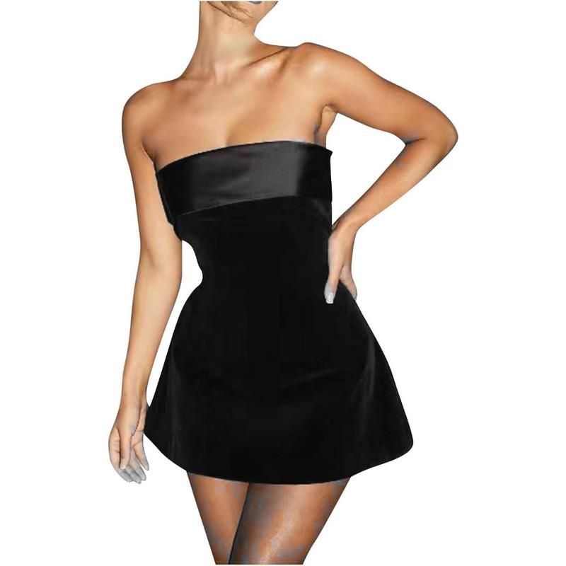 Women Elegant Velvet Satin Tube Mini Dress Sexy Strapless Off Shoulder Slim Flare Y2k Short Party Homecomming Dress