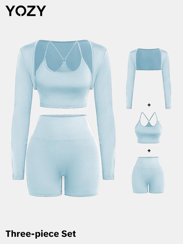 YOZY [6 colors, size 0 2-14] Long Sleeve Crop Outwear & Ring Linked Cami Top & High Waist Stretchy Shorts Set, Back To School Outfits, 2024 Women's Outfits for Daily, Yoga, Gym, Workout, [XS-XXL]