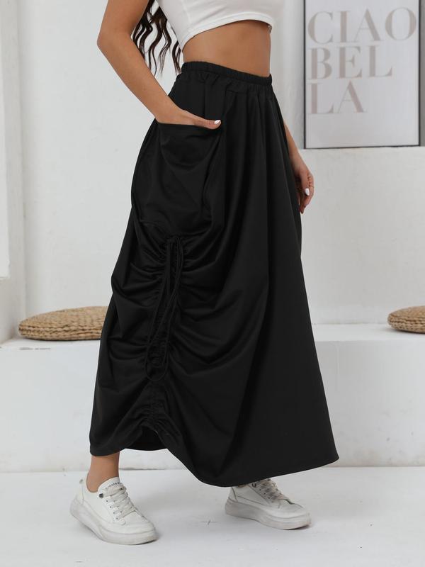 Women's Plain Ruched Drawstring Design Skirt, Street Fashion Casual Pocket Long Skirt for Daily Wear, Ladies Bottoms for All Seasons